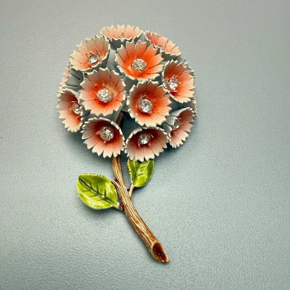 Vintage Corocraft Enamel Flower Brooch‎ Coral Color Rhinestones Spring Summer